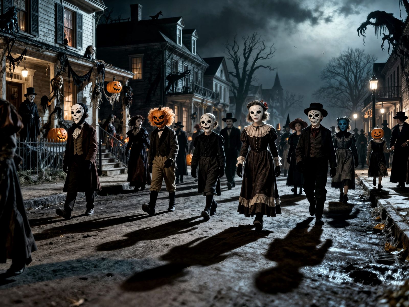 Spooky 1910s Halloween Masquerade in Eerie Town