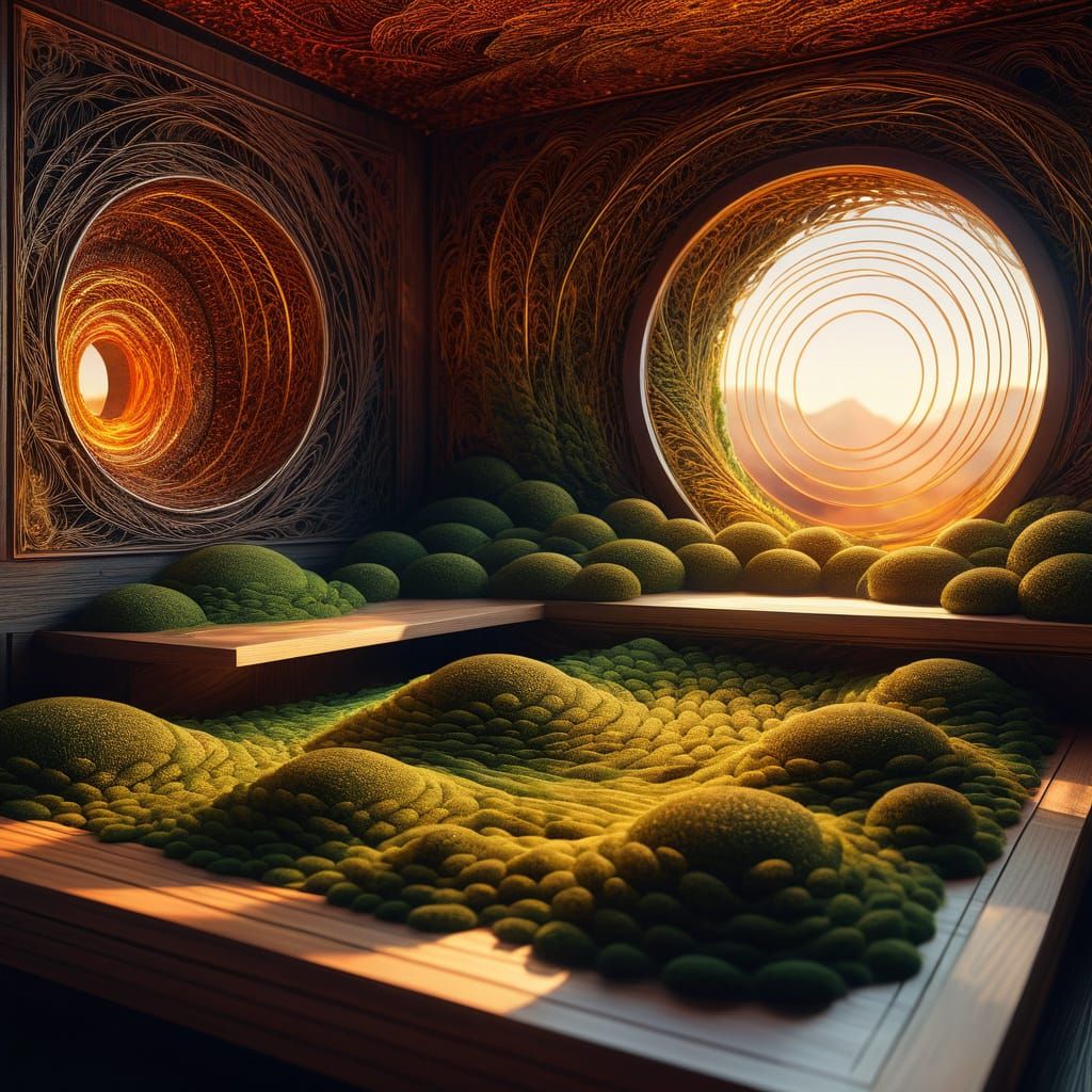 Warm Fantasy Chamber with Glowing Moss and Loom