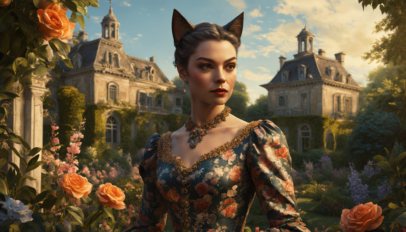 Catwoman in Rococo Floral Gown: Vintage Oil Painting