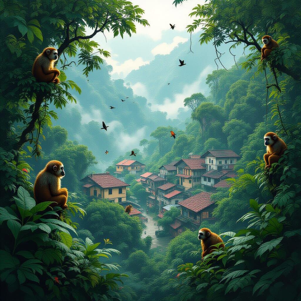 Rainforest Village with Monkeys in Hyper-Realistic Style