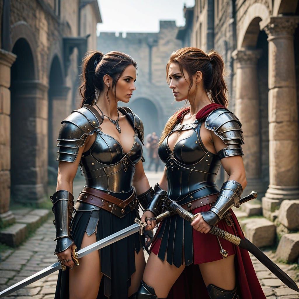 Barbarian Swordswoman Confronts Roman Warrior