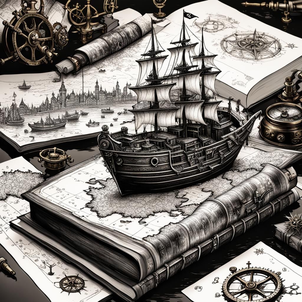 Steampunk Map and Medieval Book in Urban Fairytale