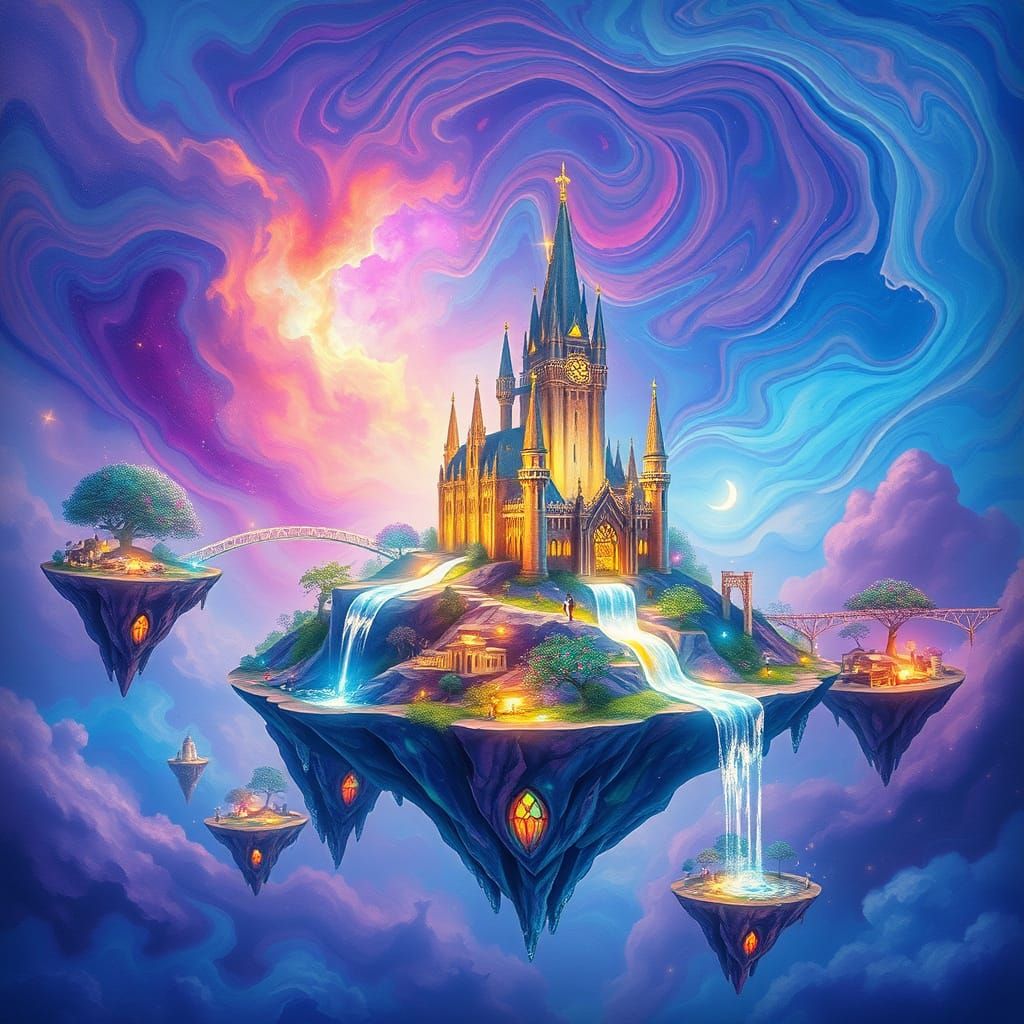 "Imagine a cluster of floating islands, each suspended in a vibrant, celestial sky. These islands are linked by iridesce...
