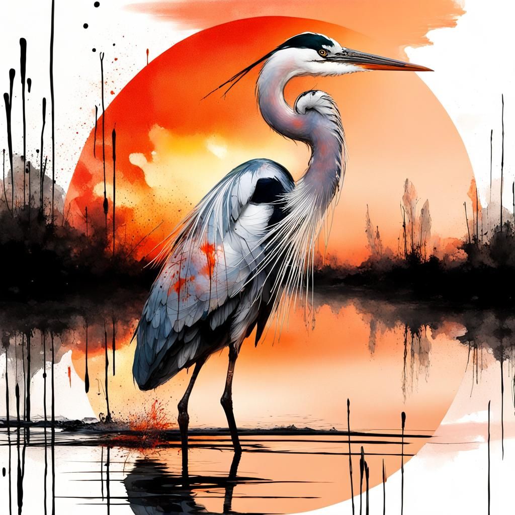 Ink Spatter Heron at Sunset: Watercolor Art