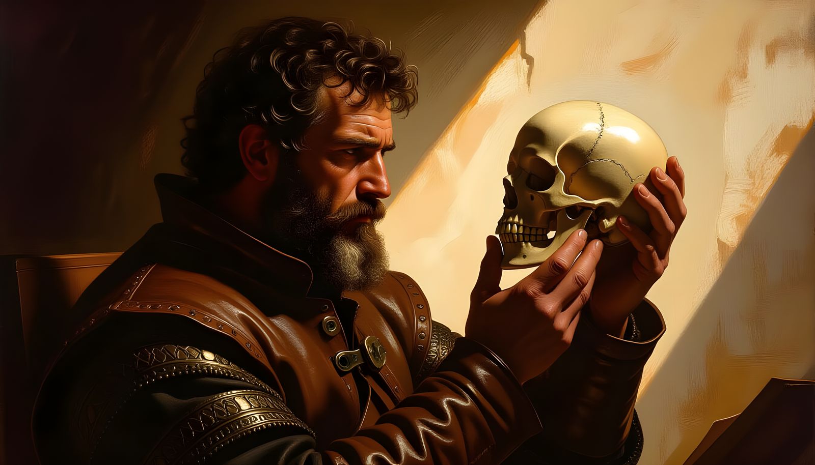 Man Inspecting Skull in Dramatic Chiaroscuro Lighting