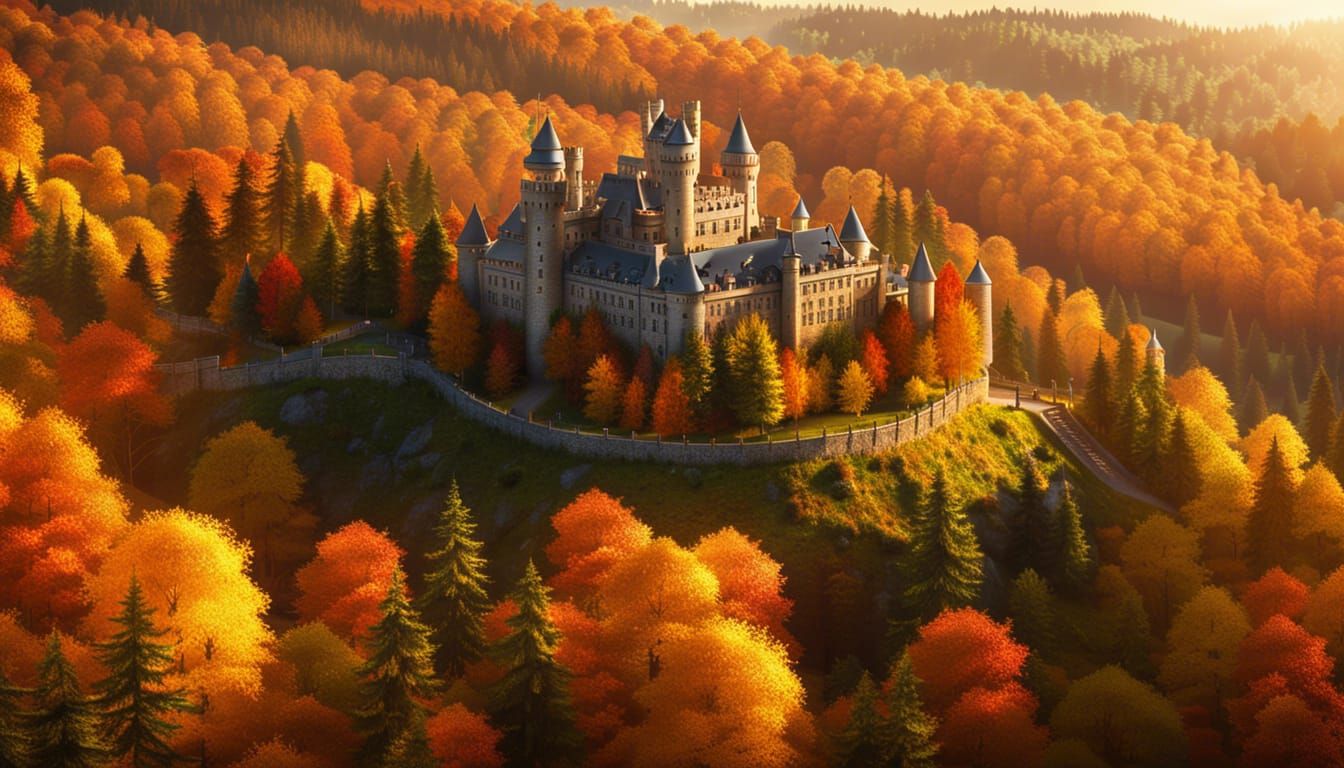 Futuristic Castle in Autumn Forest Valley at Sunset