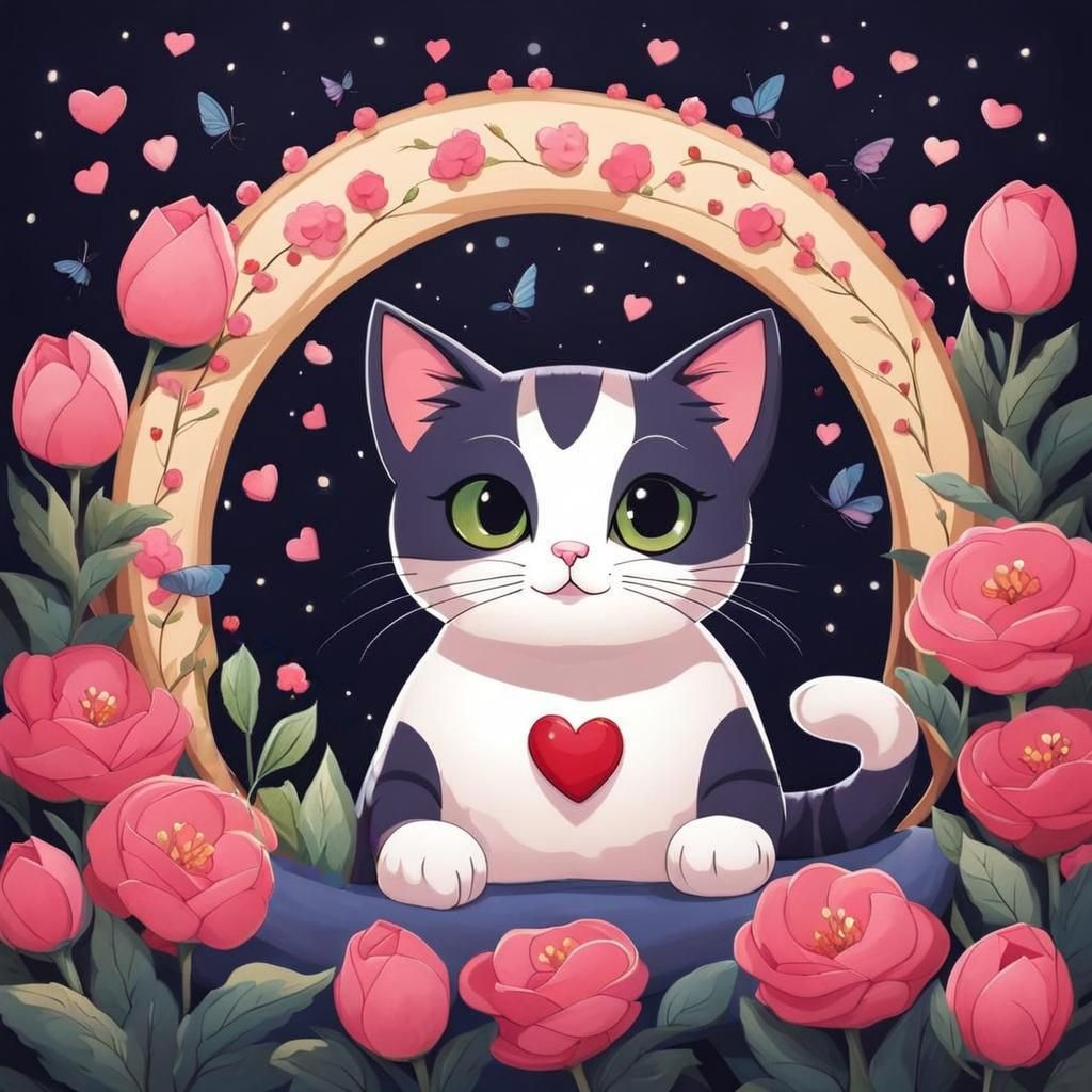 Cute Cat Surrounded by Flowers in Animated Style