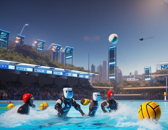 Robots Playing Water Polo in Futuristic Sci-Fi Style