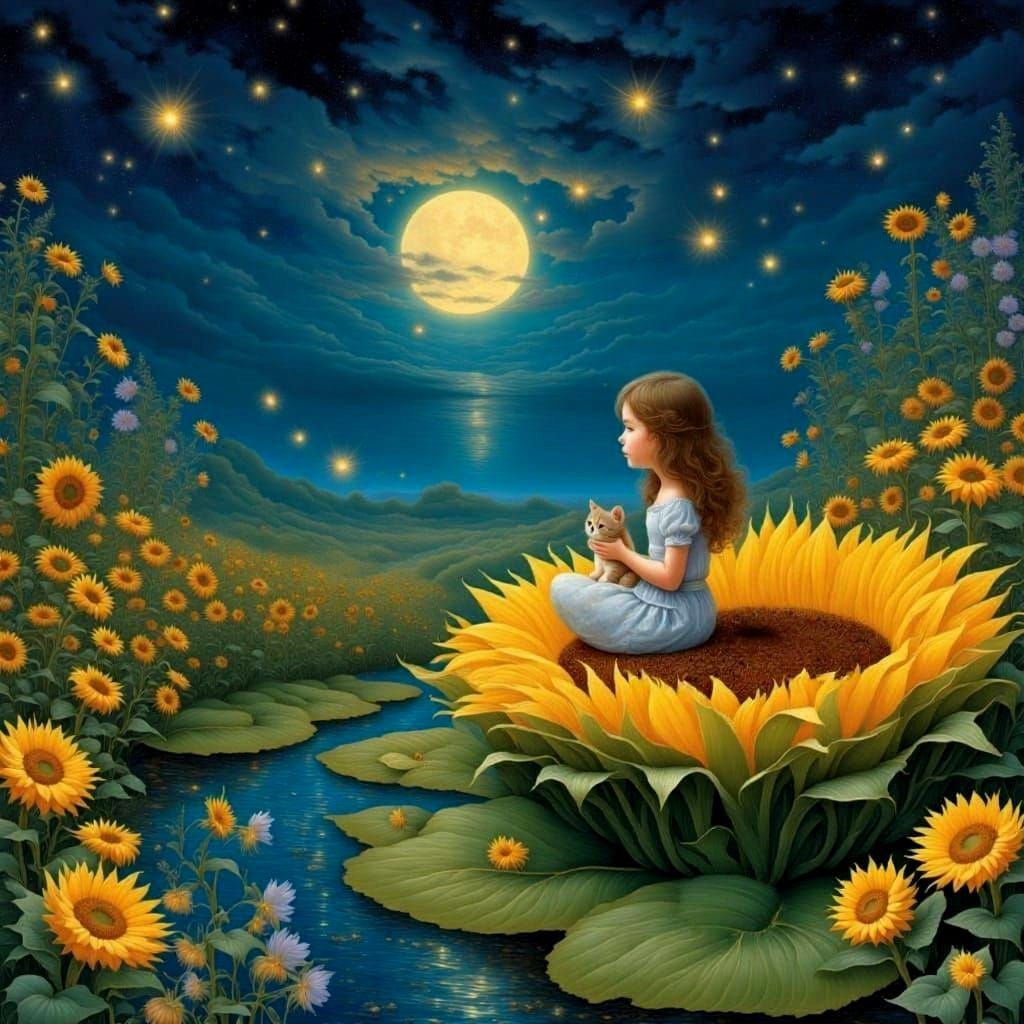 Magical Moonlit Meadow with Sunflower Boat