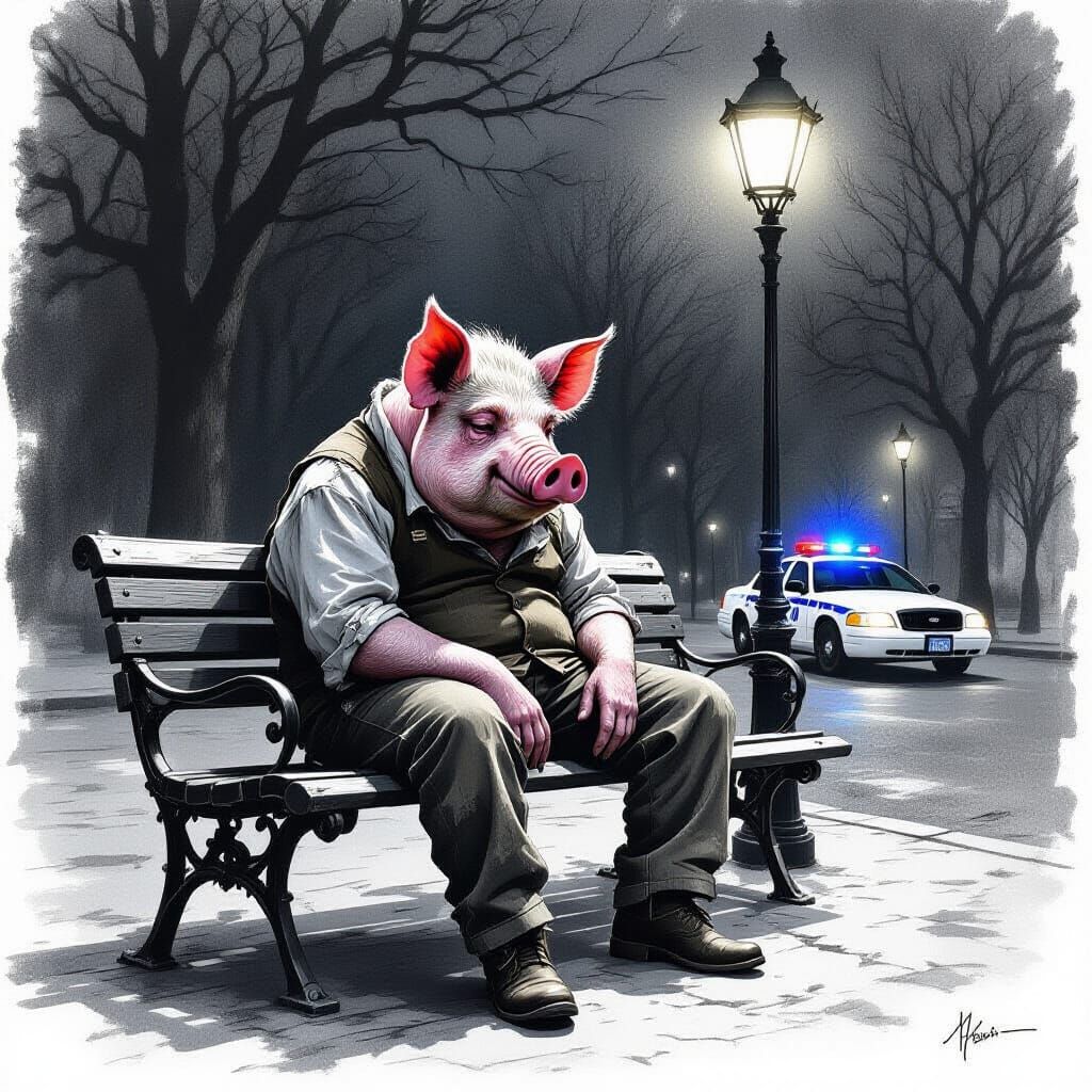Melancholic Pig-Man on Park Bench at Night