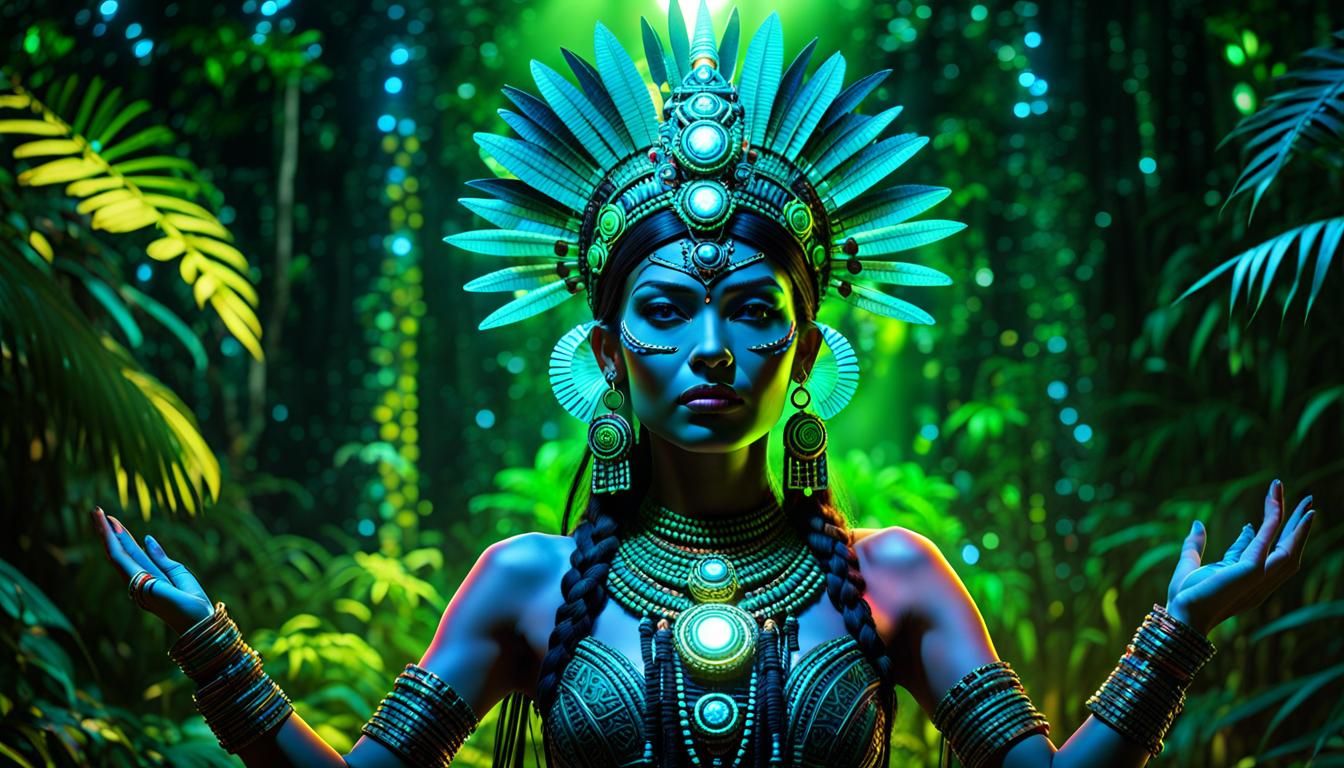 Radioluminescent Mayan Queen in Dark Jungle, Nuclearpunk Art