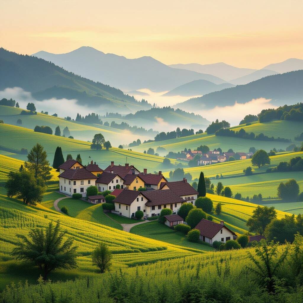 Picturesque Village in Rolling Hills with Golden Lighting
