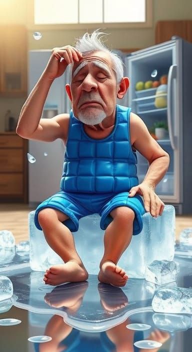 Cartoon Old Man Sweating on Melting Ice Cube