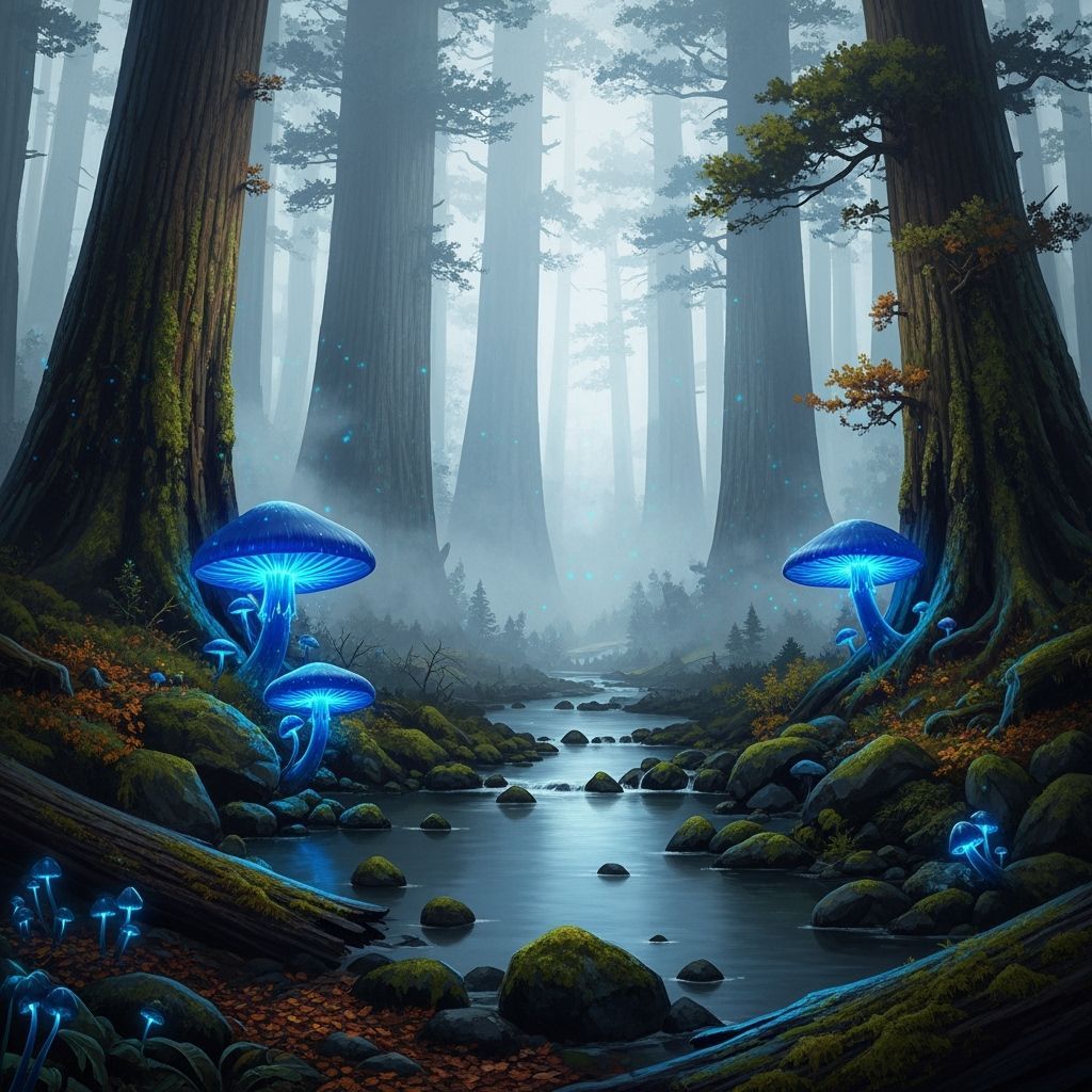 Misty Forest with Blue Mushrooms in Photorealistic Style