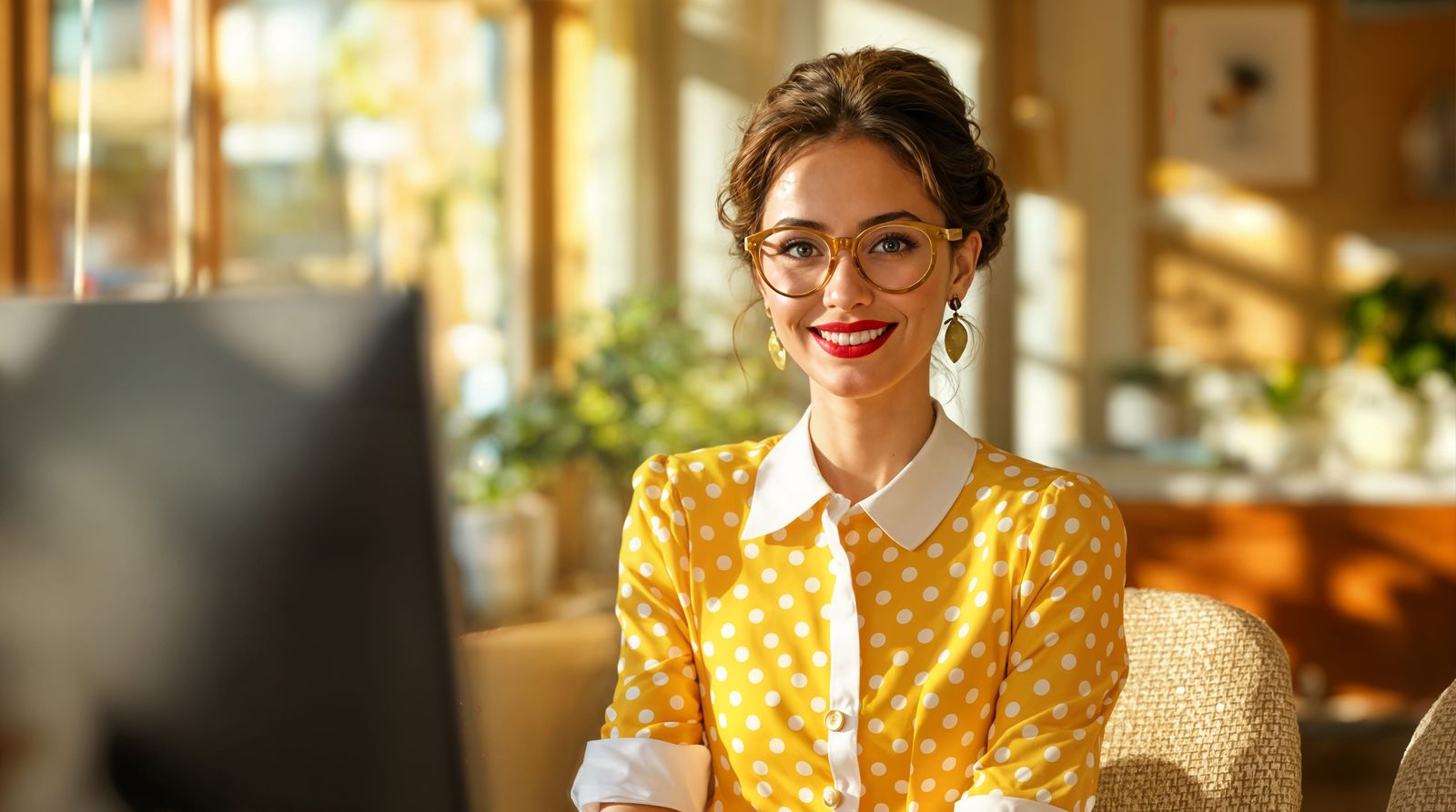 Beautiful Woman in Polka Dot Dress, Sunny Office