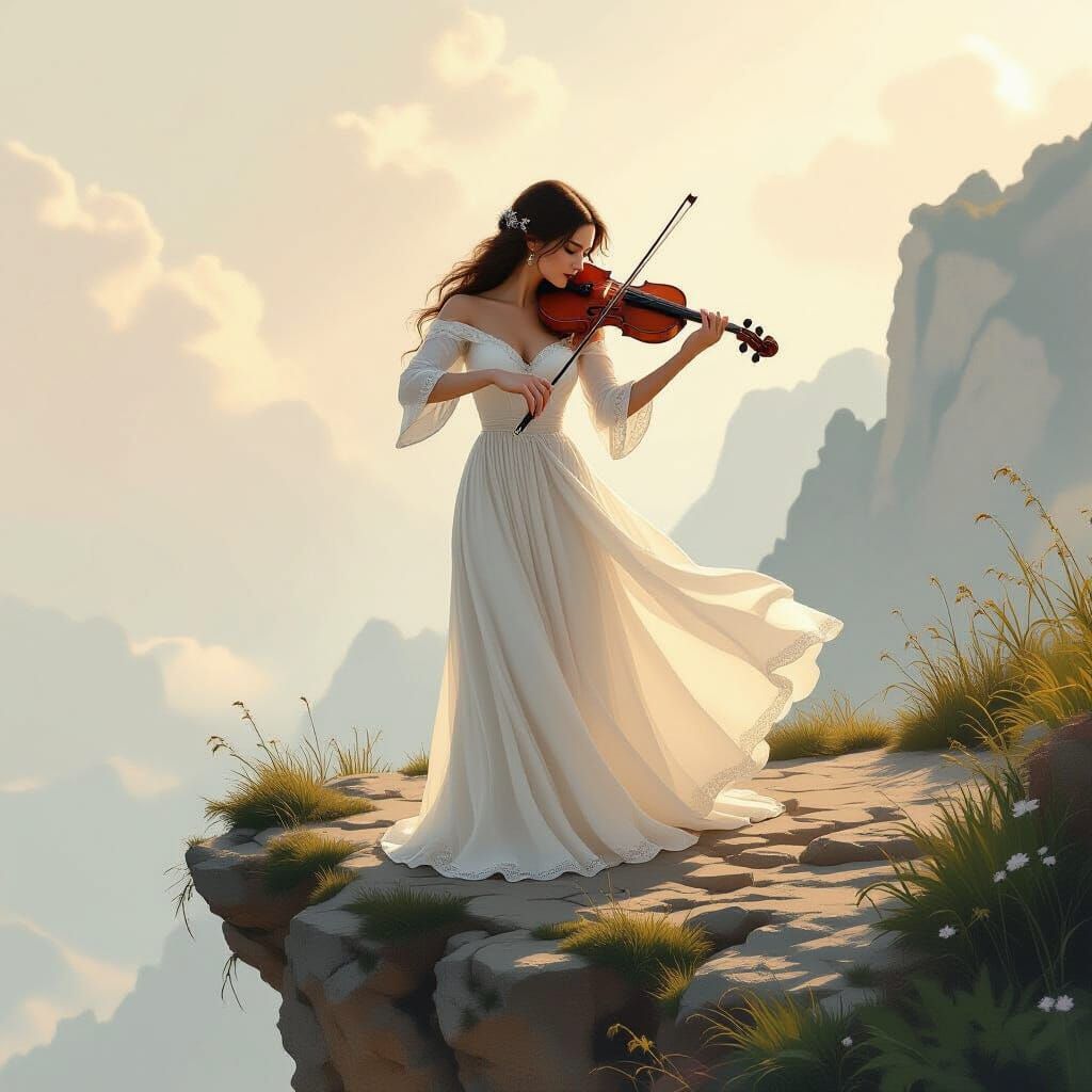 Ethereal Violinist at Cliff's Edge in Romantic Style