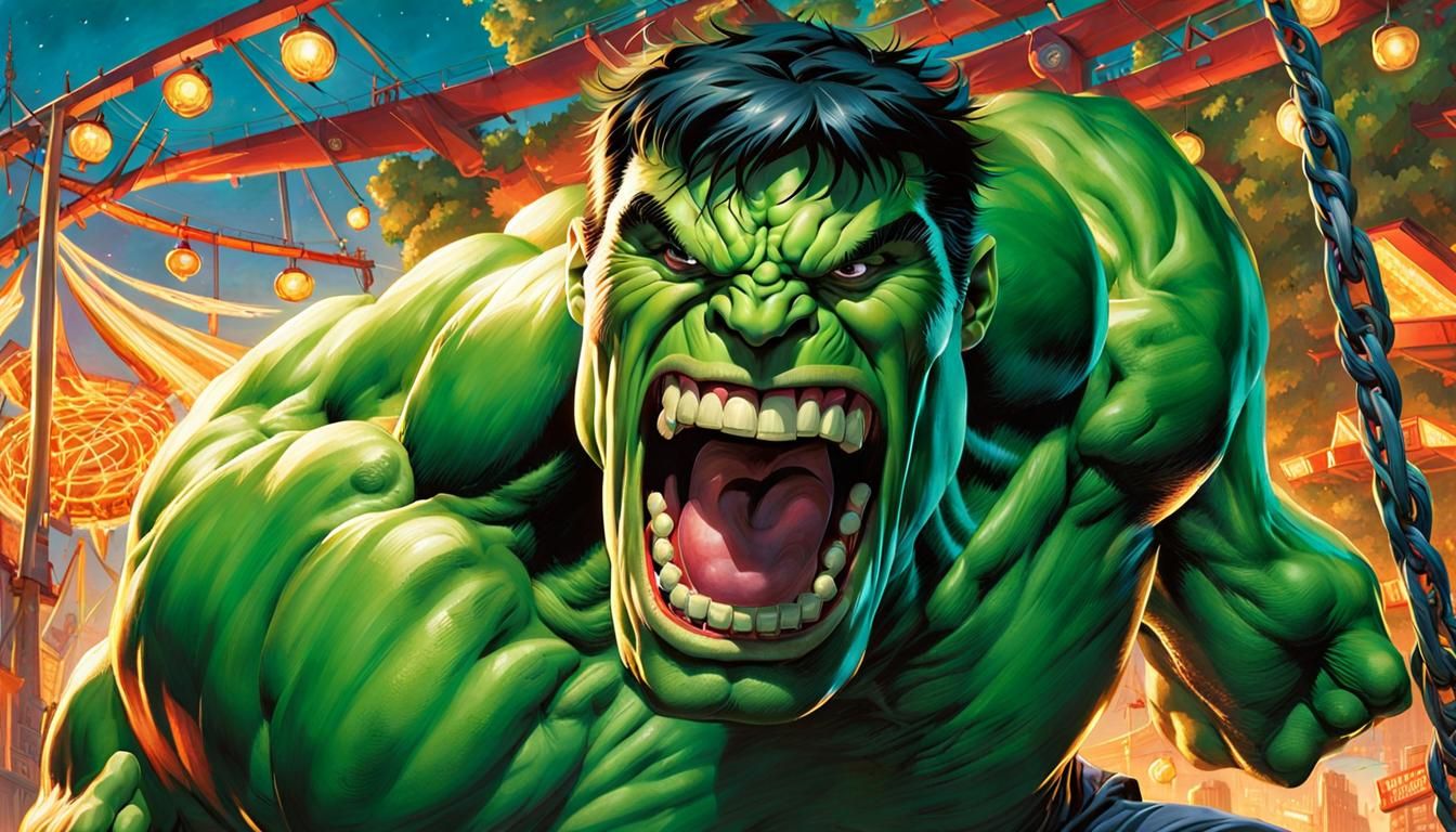 The Hulk's Joyful Day at a Hyperdetailed Luna Park