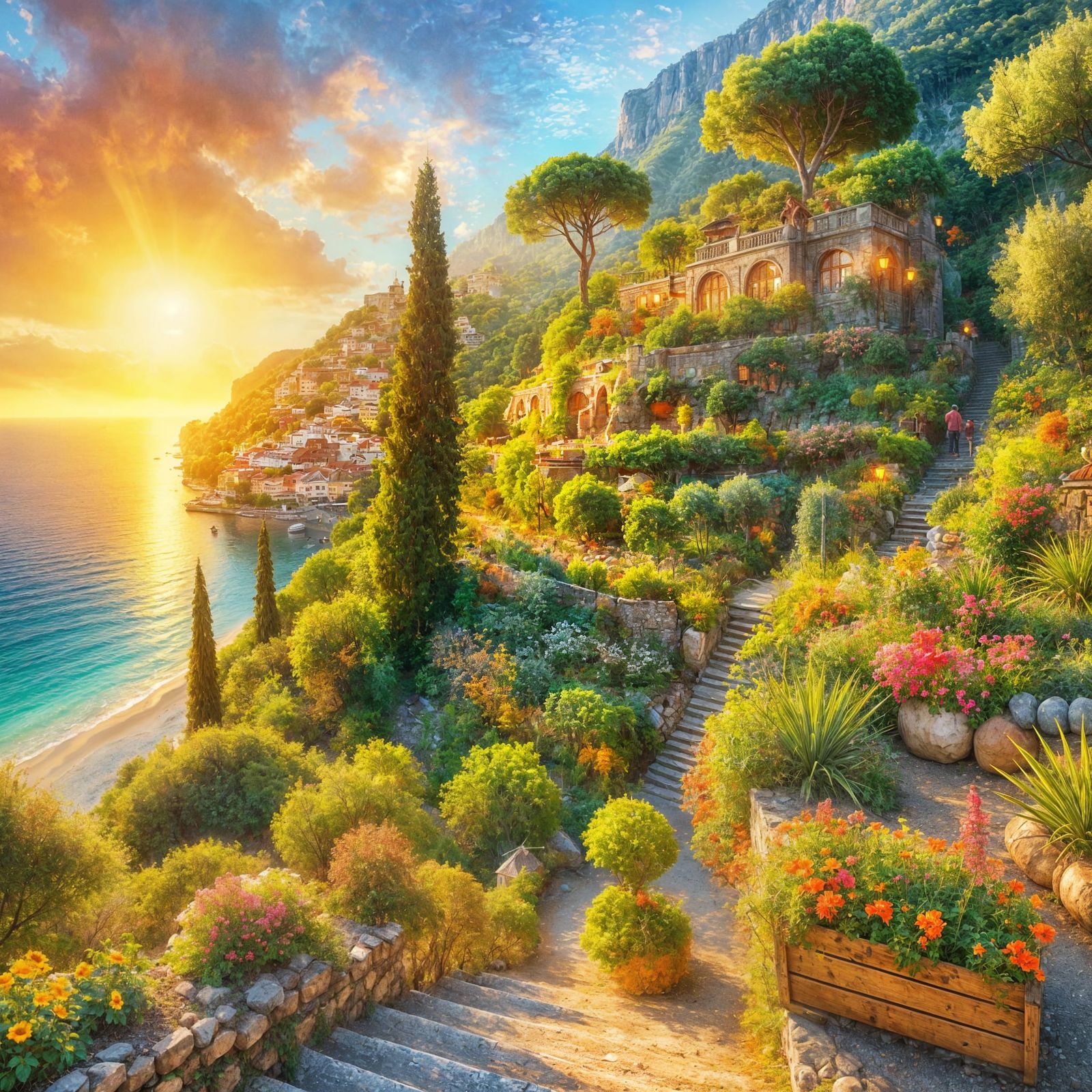 Mediterranean Garden at Sunrise: An Oil Painting