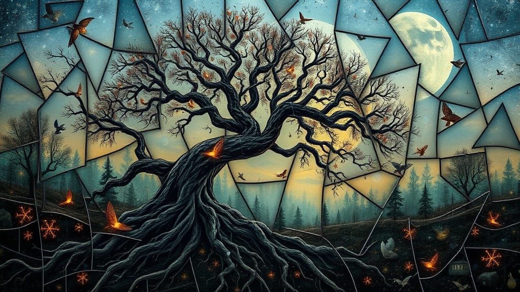 Surreal Labyrinth with Glowing Creatures and Nature Scenes