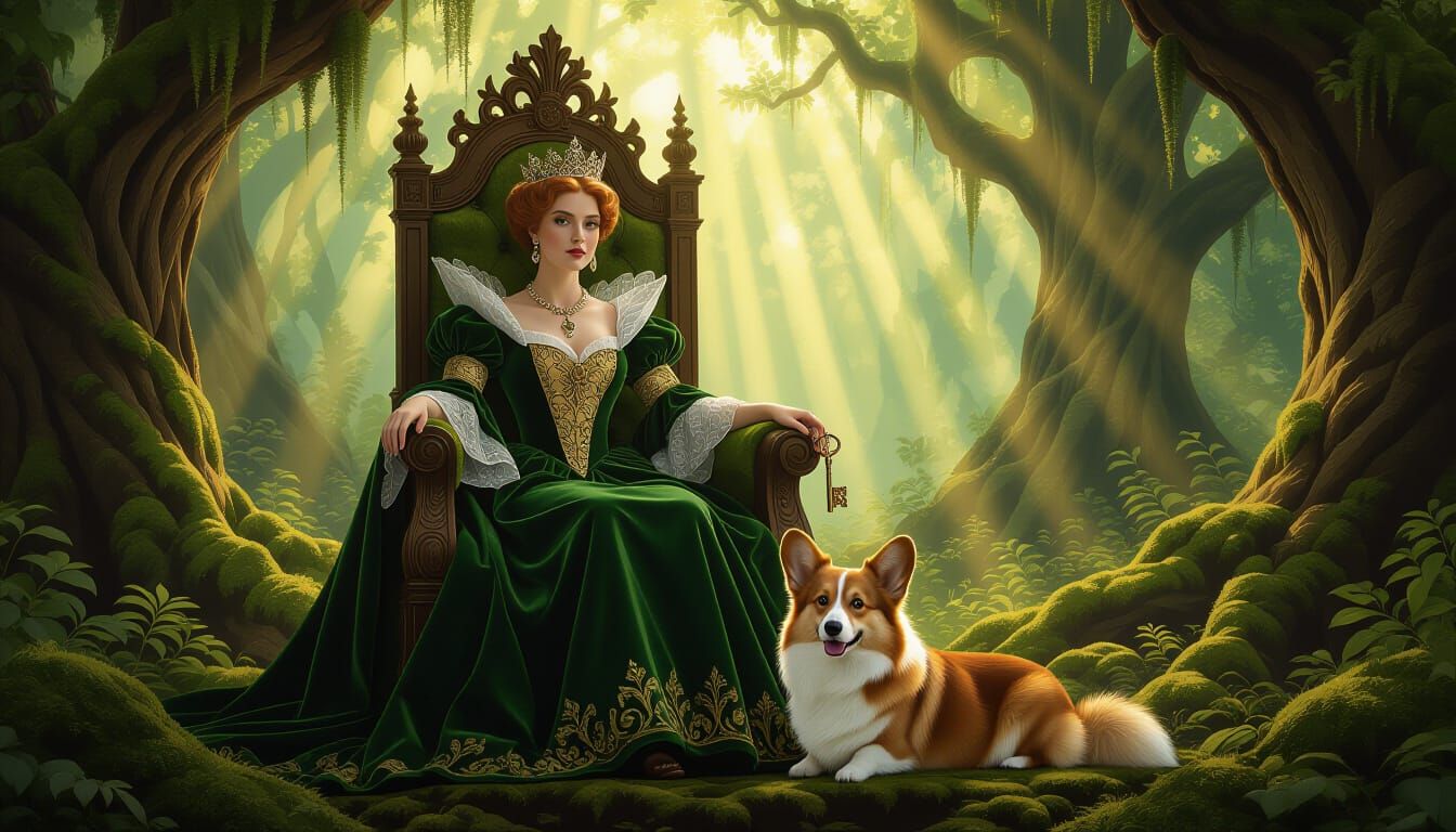 Regal Queen in Sun-Dappled Forest with Key