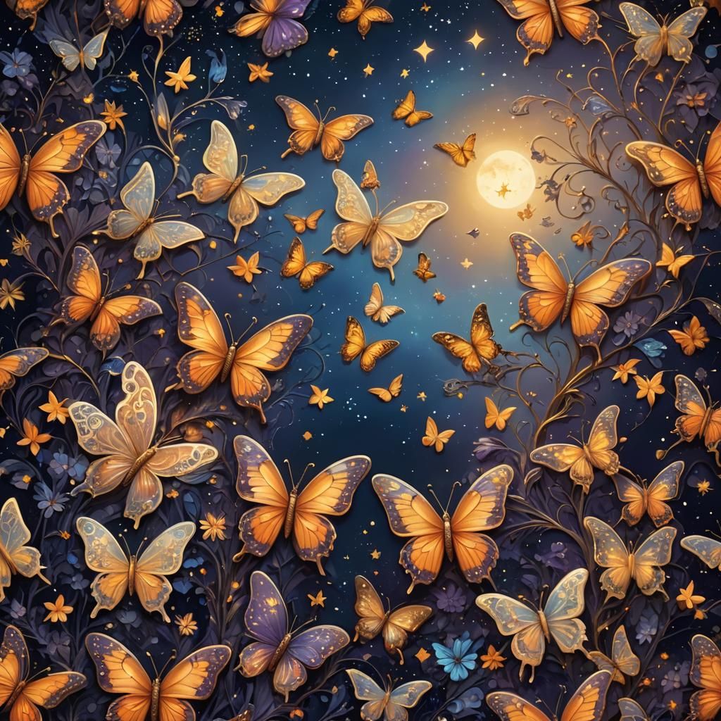 Butterfly Heart in Starry Night, Fantasy Art