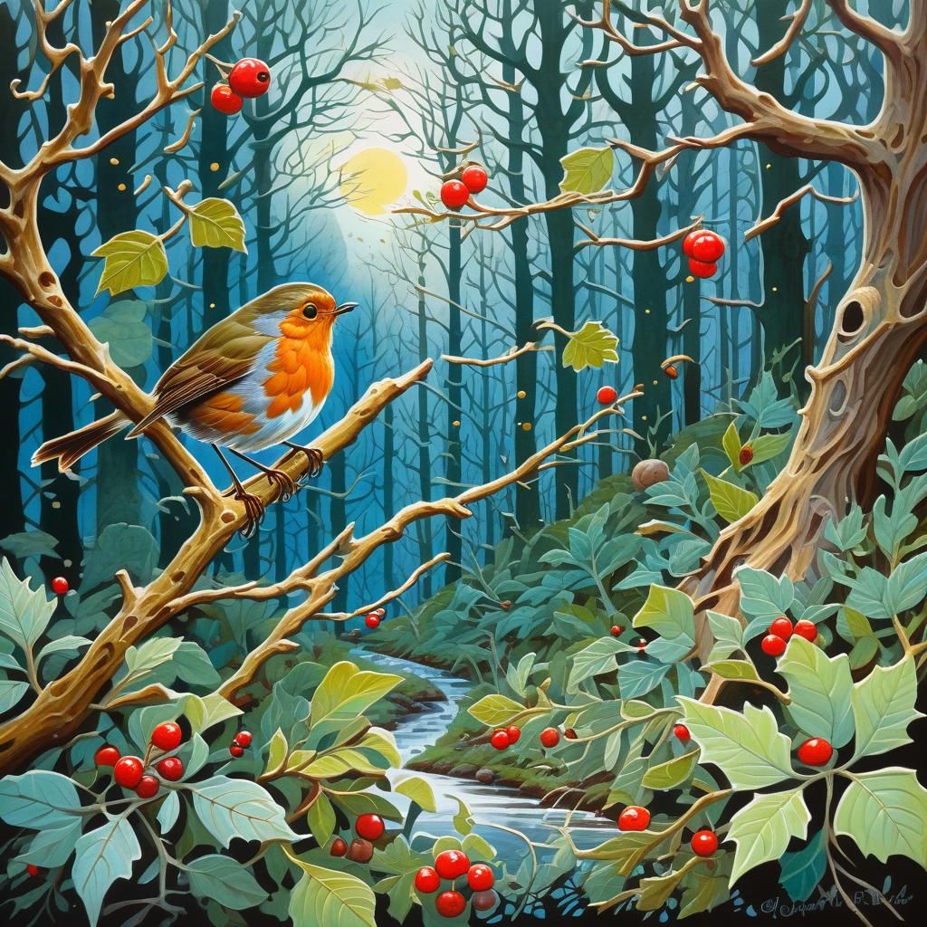 Fantasy Robin Embarks on a Magical Forest Quest in Gouache P...