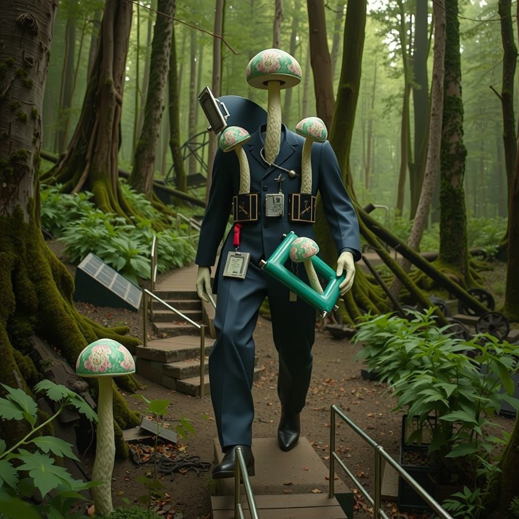 Retro-Futuristic Surrealist Landscape with Mushroom Flags an...