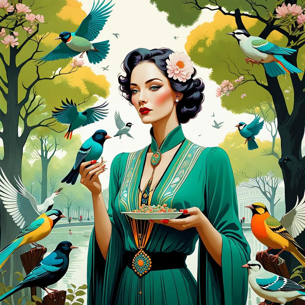 Woman Feeding Birds in Art Deco Style
