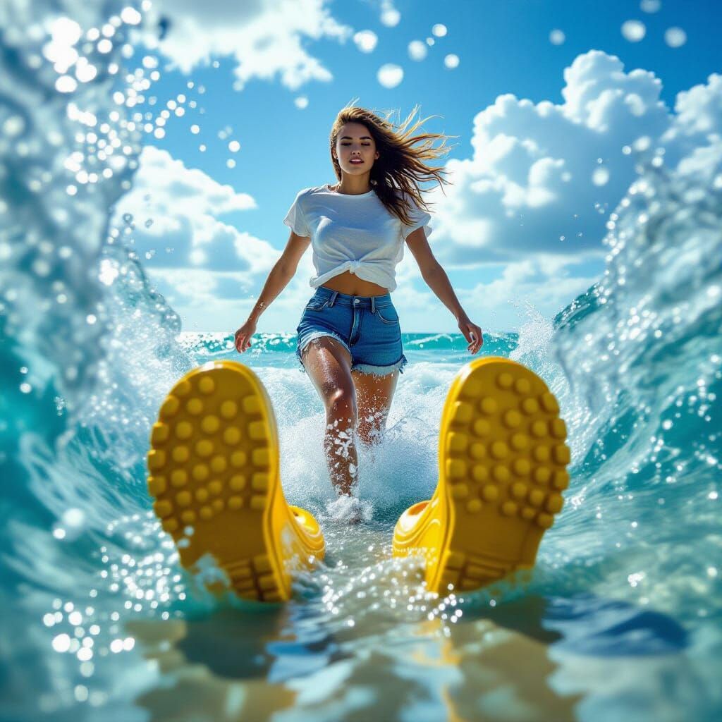 Woman Running from Transparent Waves in Surreal Scene