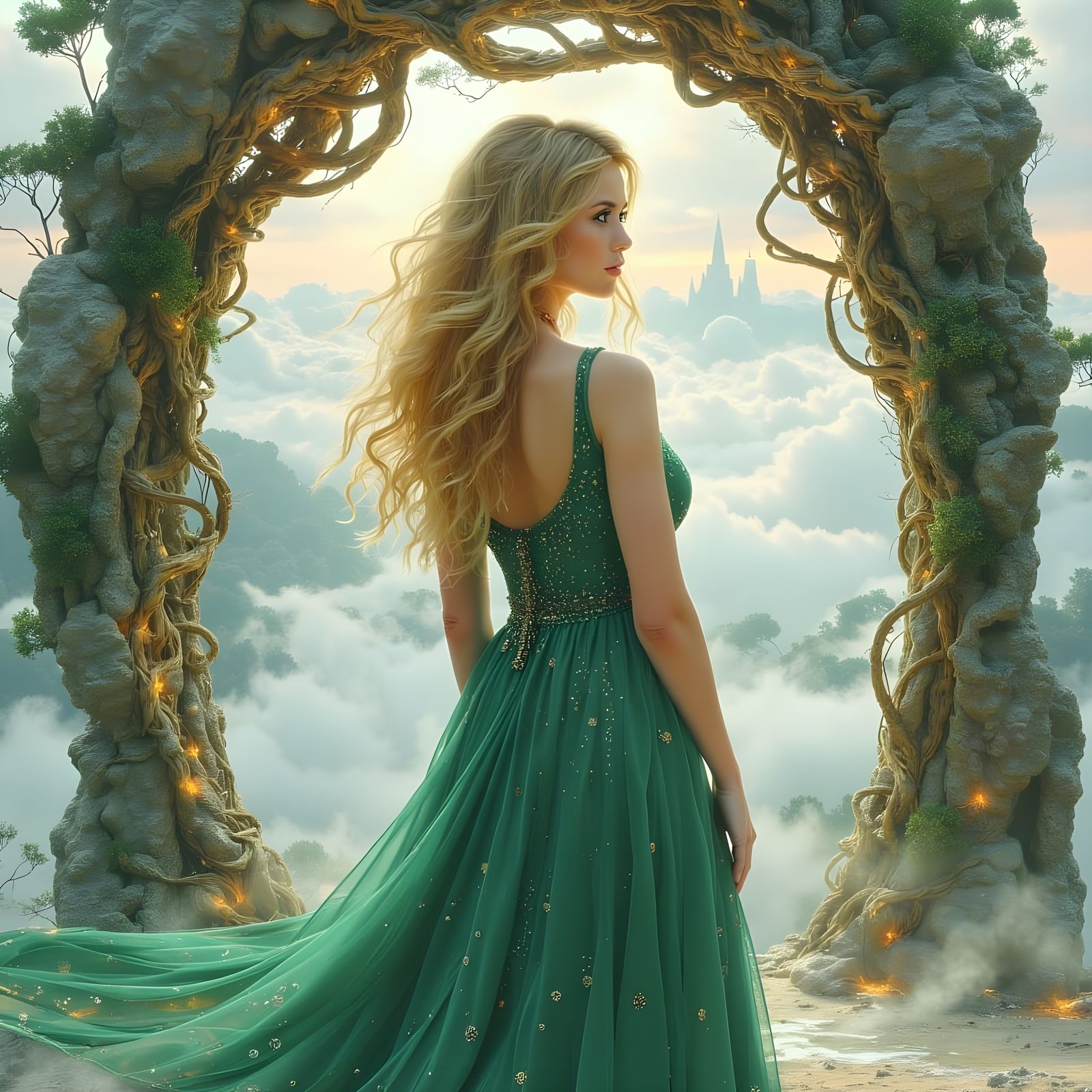 Stunning Norse Goddess in Emerald Dress Stands Before Glowin...