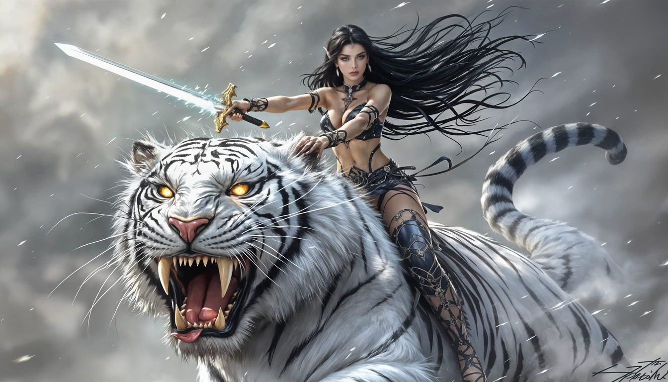 Elven Woman Riding a Tiger, Hyper-realistic Illustration