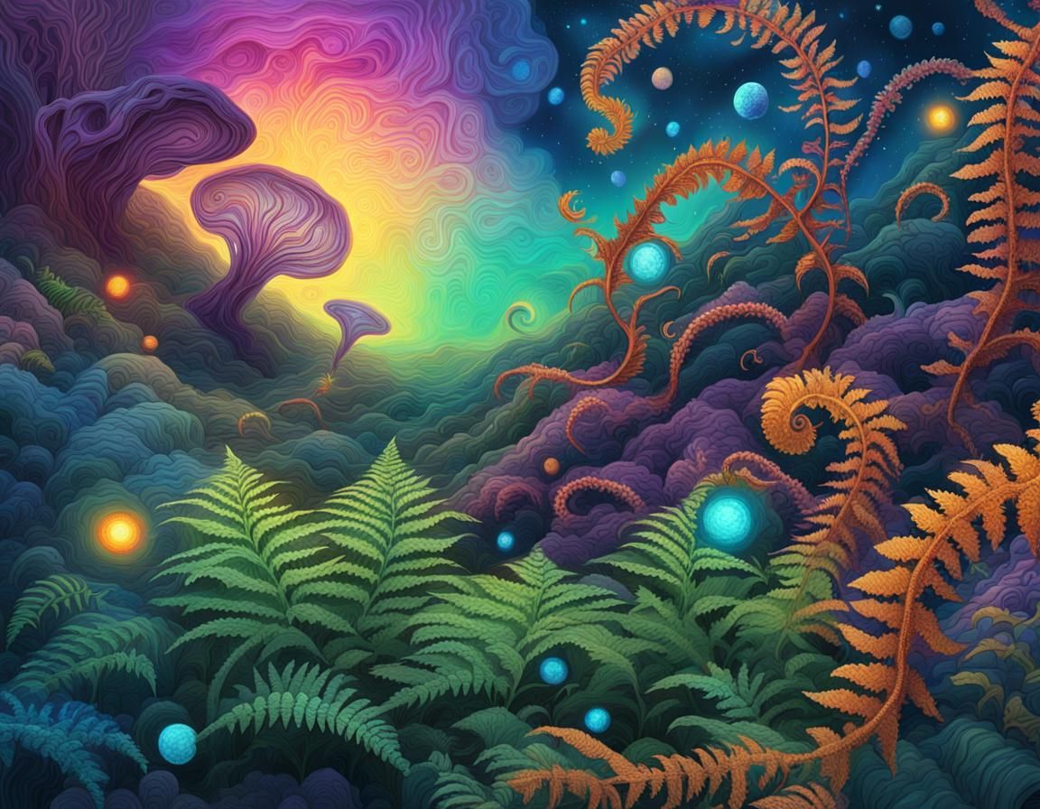 Cosmic Vines and Ferns on Alien Planet, Holographic Illustra...