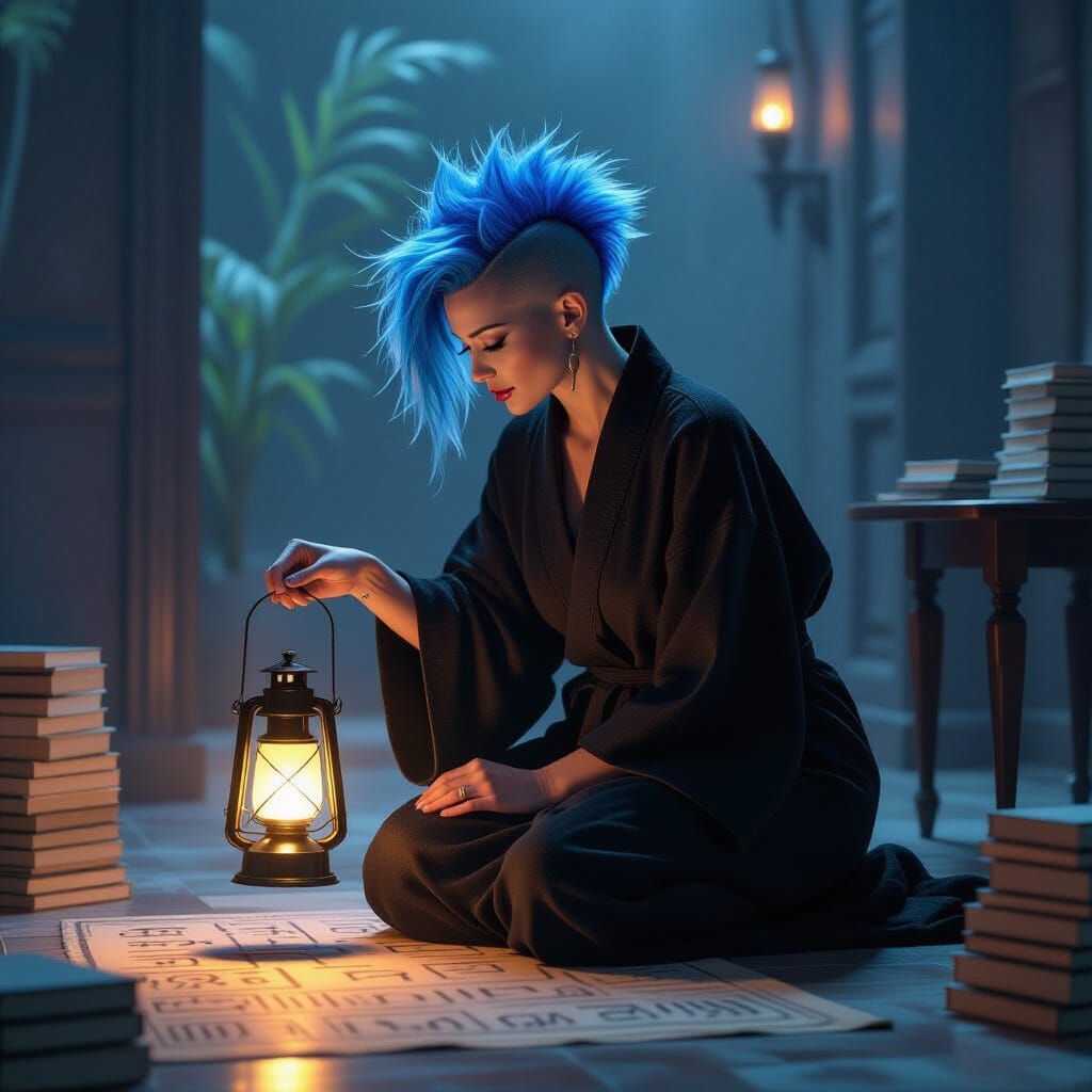 Woman Reading Hieroglyphs in Futuristic Style