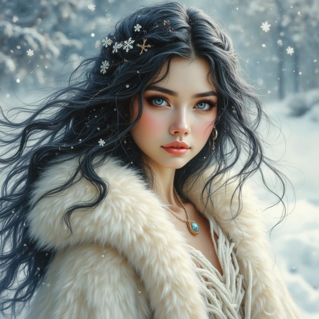 <lora:Beautiful women:0.5> A stunning nomadic snow goddess with piercing blue eyes and raven-black hair adorned with del...
