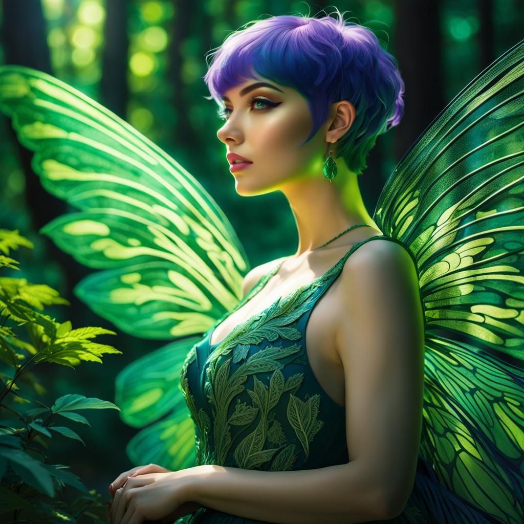 Green-Haired Woman in Forest with Fairies
