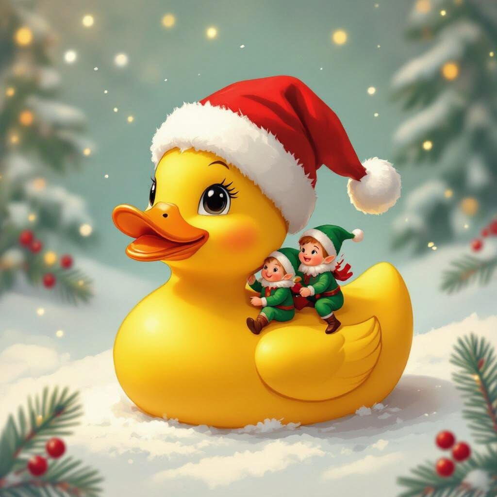 Whimsical Elves Ride Santa Hat Duck in Winter Wonderland