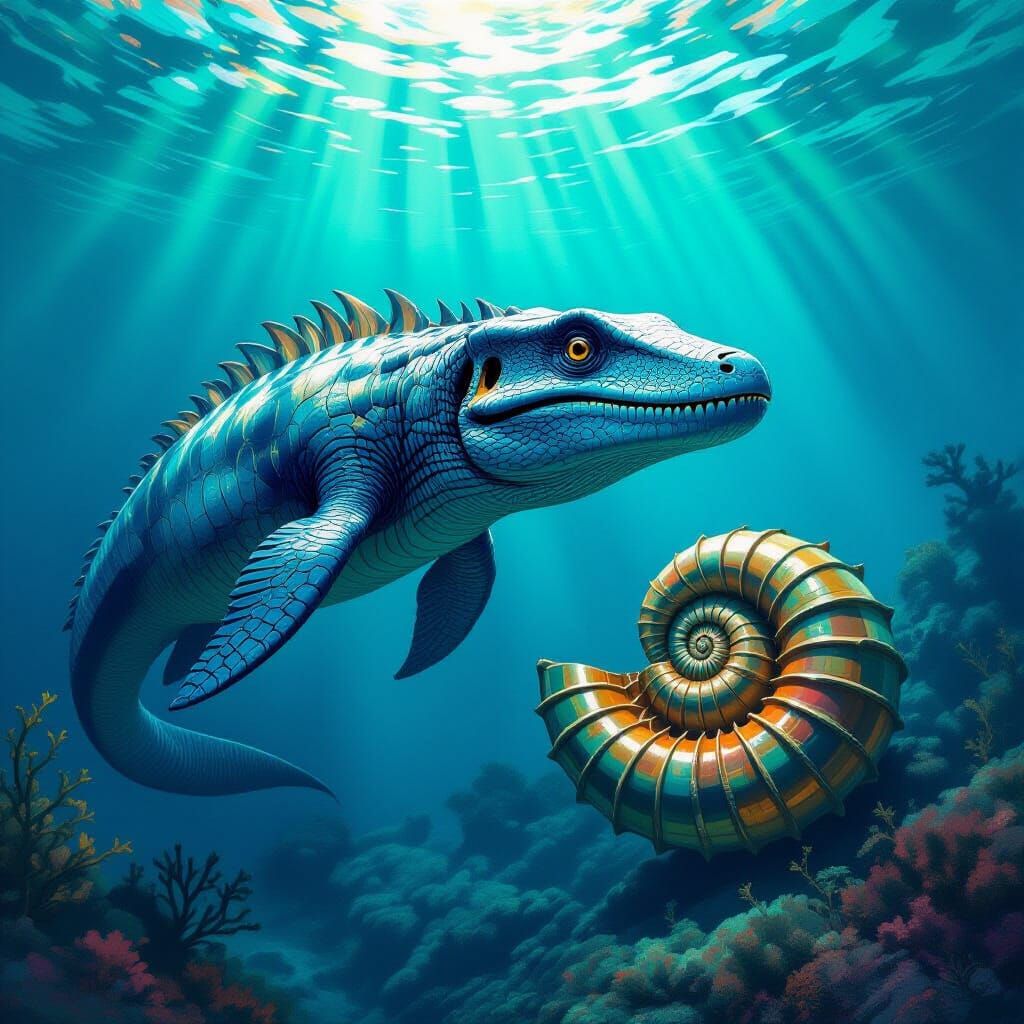 Ichthyosaur Hunts Ammonite in Deep Jurassic Sea
