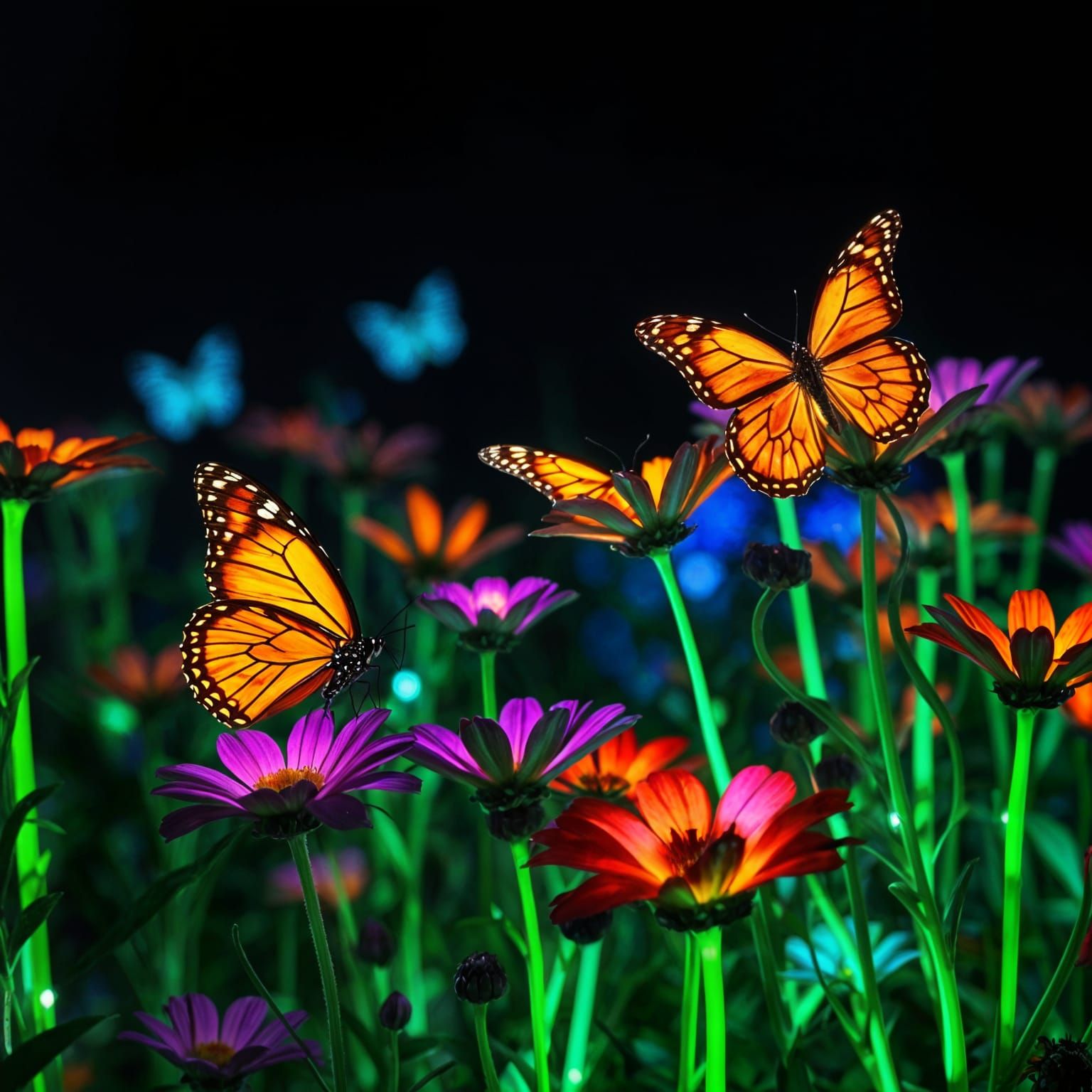 Fluorescent Butterflies in a Glowing Flower Field