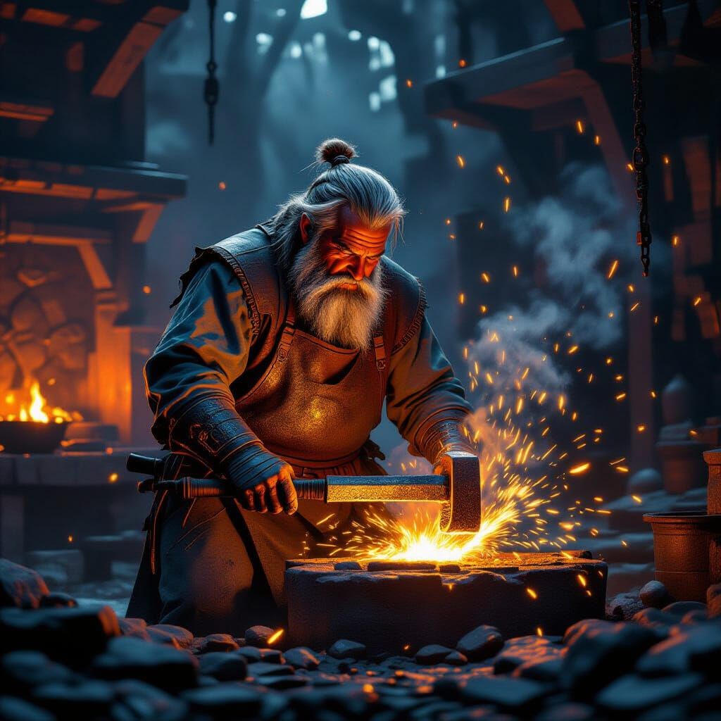 Blacksmith Forging Sword in Volcanic Forge with Dramatic Lig...