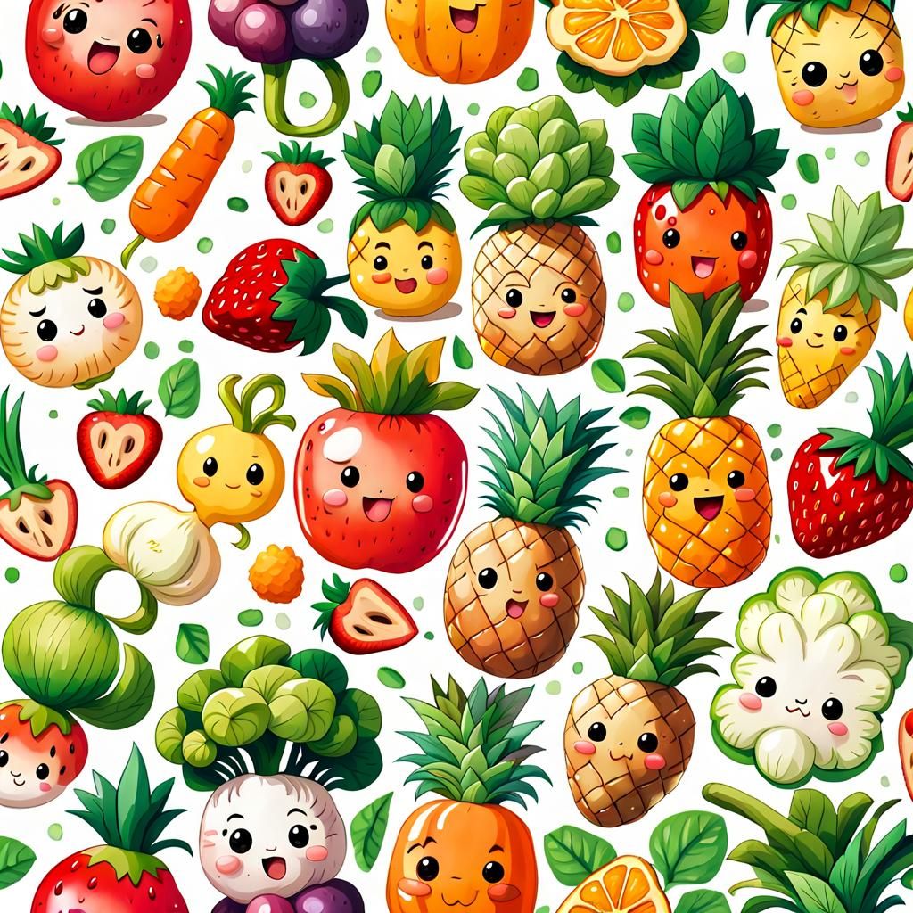 Chibi Fruits and Vegetables Pattern