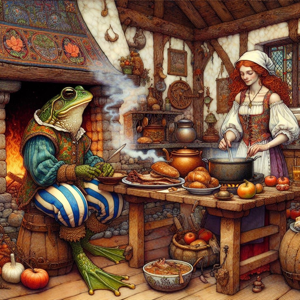 Cozy Kitchen Scene with Frog and Elf in Watercolor Style