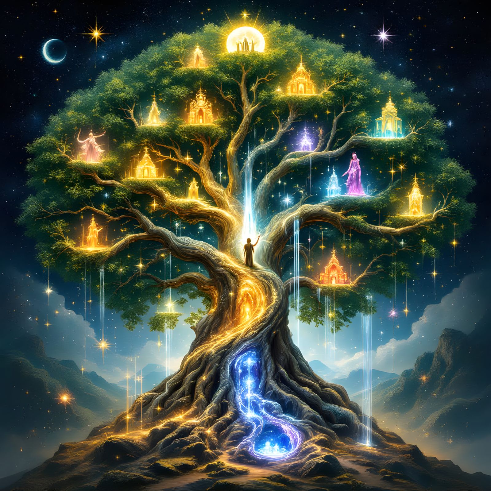 Cosmic Yggdrasil with Norse Gods and Celestial Realms