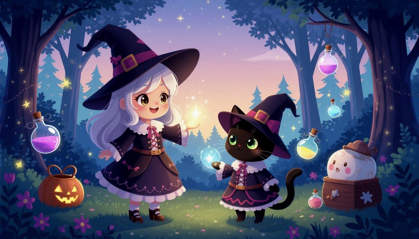 Adorable Witch and Cat in Magical Forest