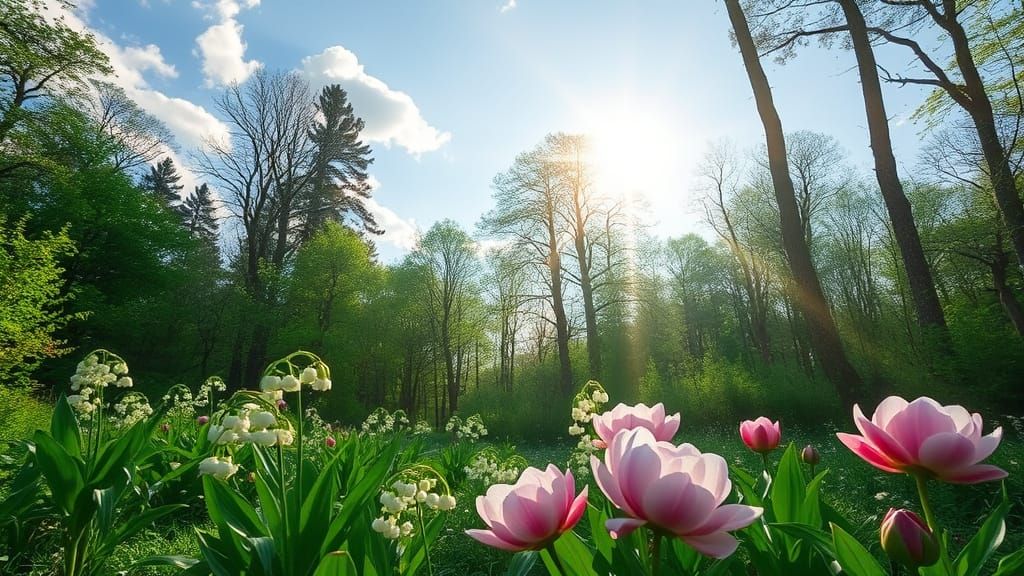 Sunlit Forest with Lilies and Peonies