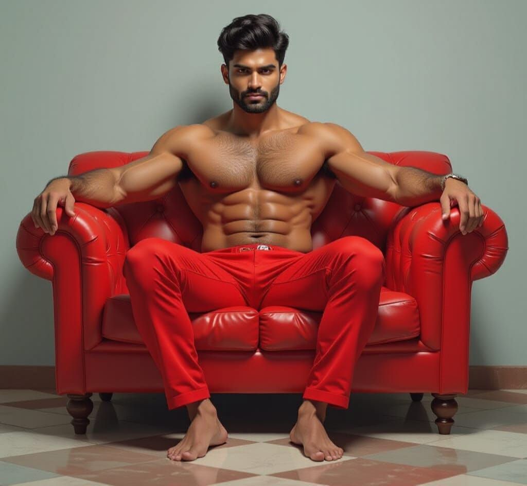 Muscular Man in Red Pants on Sofa