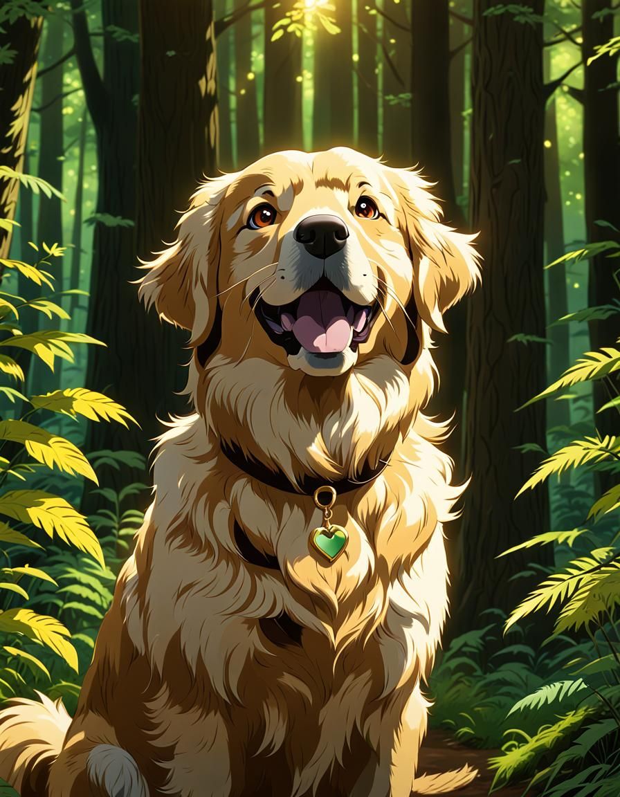 Golden Retriever in Forest, Studio Ghibli Style