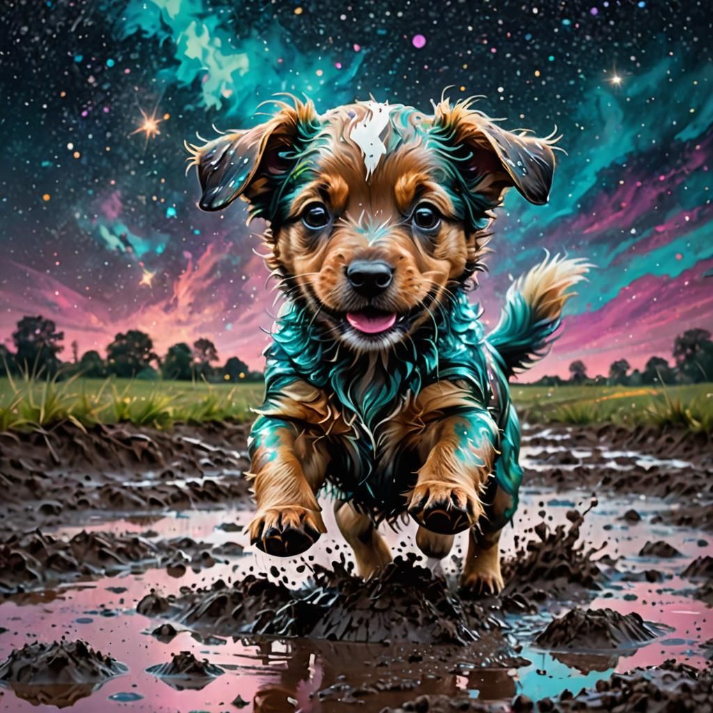 Happy Puppy Rolls in Mud, Psychedelic Holographic Art