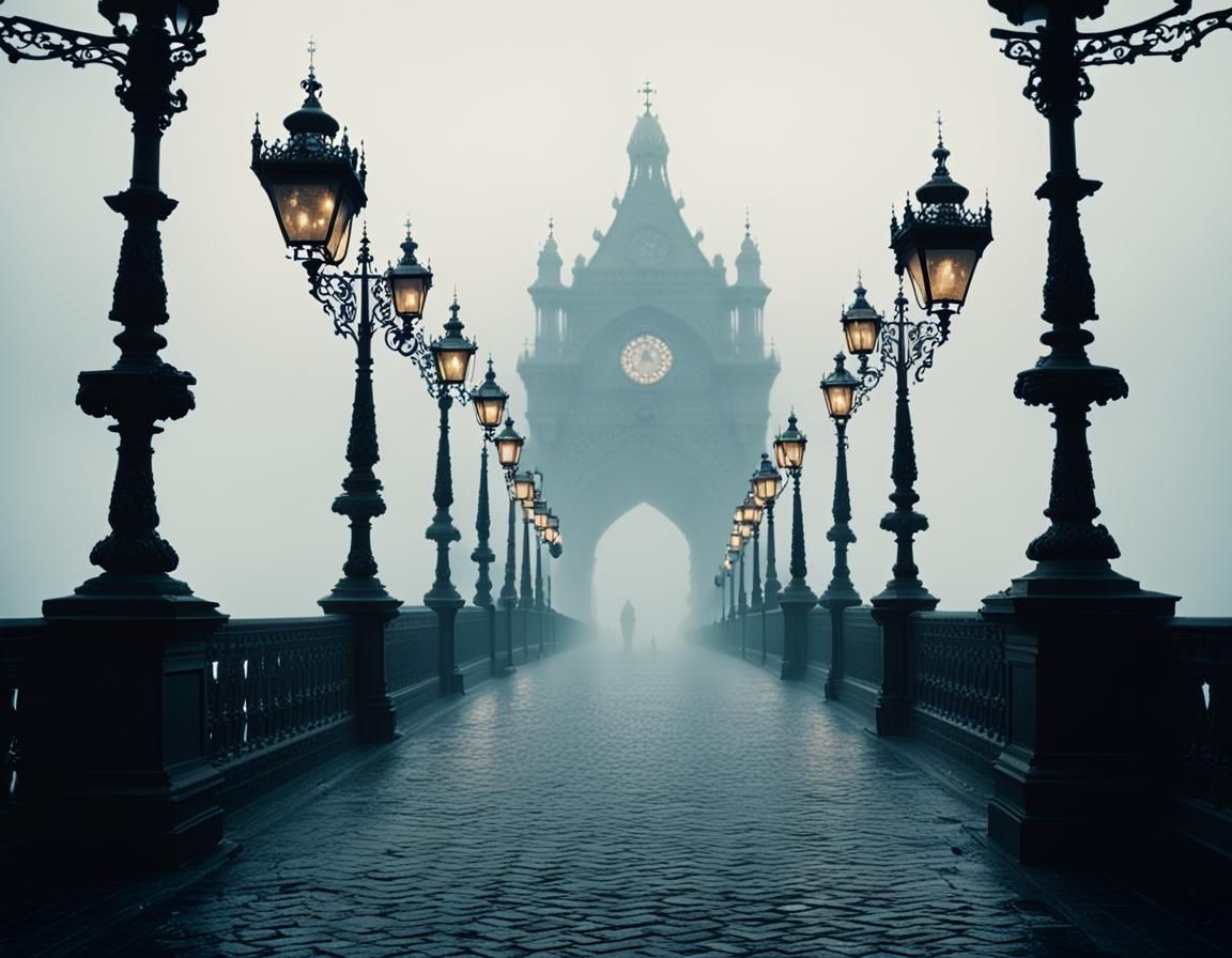 Gothic Bridge in Fog: Monochromatic Spanish Enlightenment