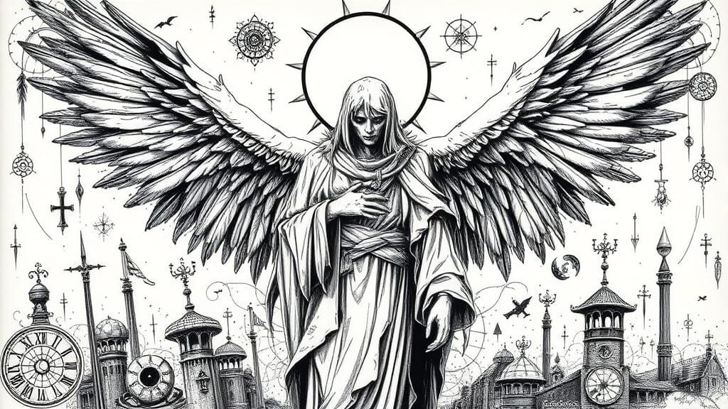 Foreboding Angel Amidst Cryptic Symbols