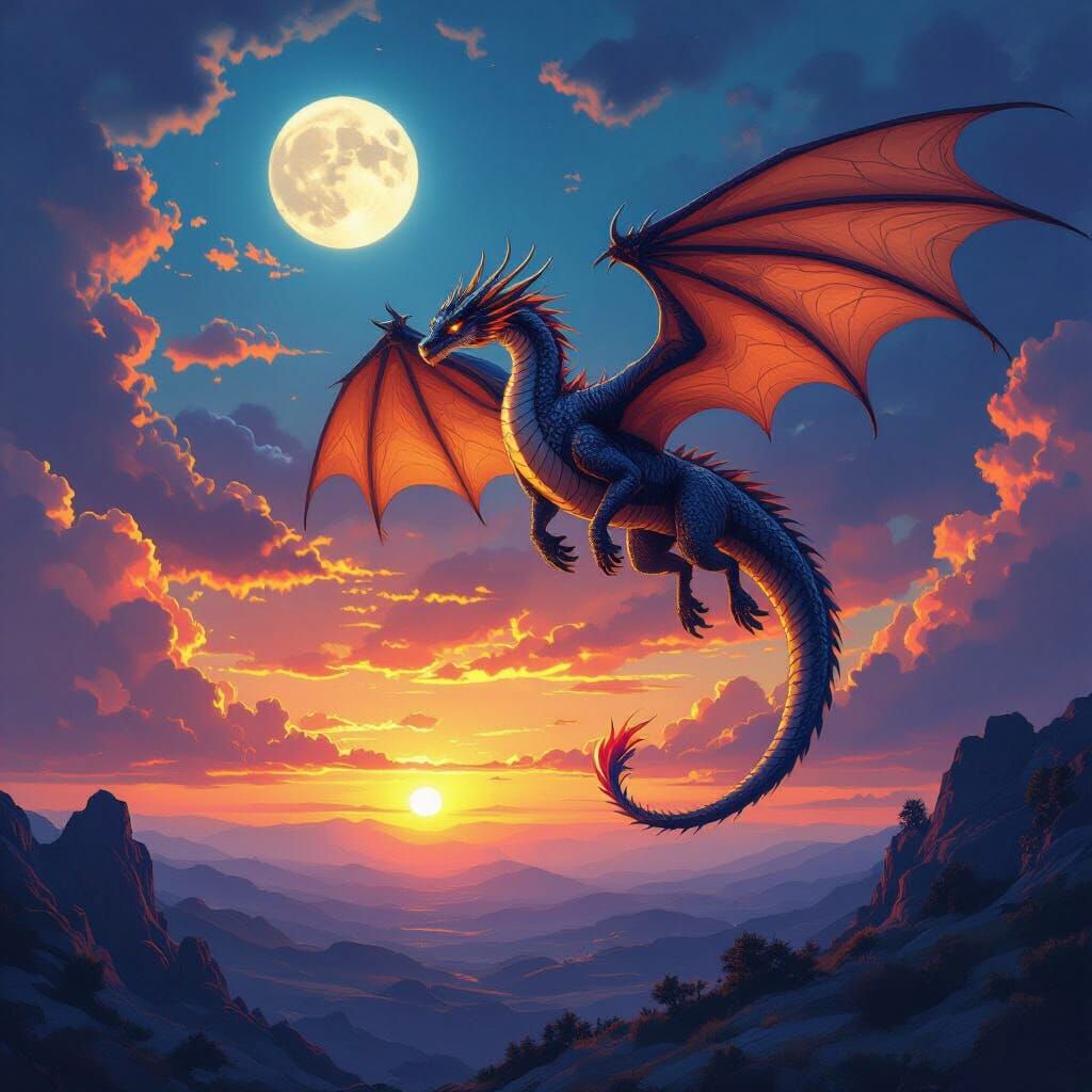 Majestic Dragon Soaring at Sunset: Epic Fantasy Art